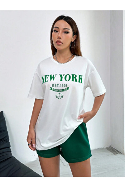 Revasser Unisex Kadın/Erkek Beyaz Yeşil NewYork Özel Baskılı Şort T-shirt Takımı
