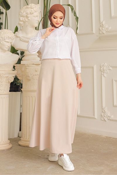 Bestenur Puff Scuba Flared Skirt 771 - Beige