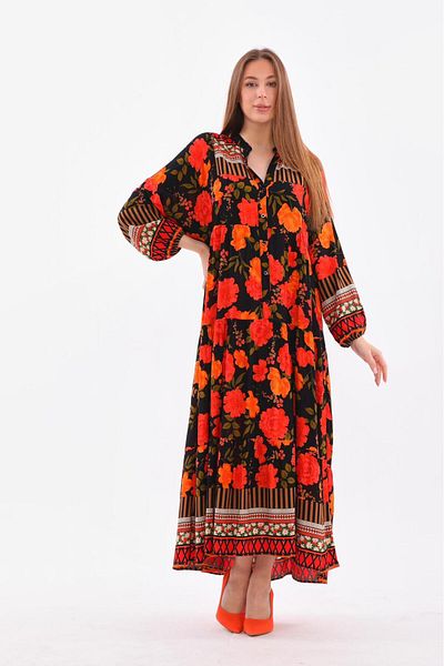 AYASOFYA OTANTIK Rochie lungă și lejeră pentru femei, cu nasturi negri, cu guler cu plăcuță, cu imprimeu floral, cu mâneci cu balon elastic