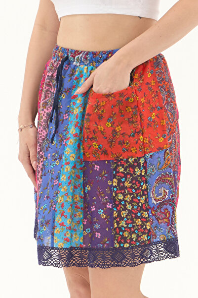 Newbutix Renkli Vual Kısa Yazlık Otantik Patchwork Etek