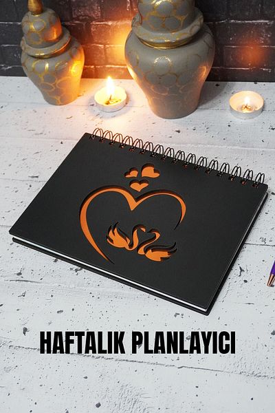 markcat Caiet A5 Swan Love Design din lemn negru - Agenda nedatată - Planificator săptămânal