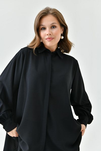 lovebox Women's Black Long Sleeve Shirt and Pleated Wide Leg Black Pants Bottom-Top Set 2051