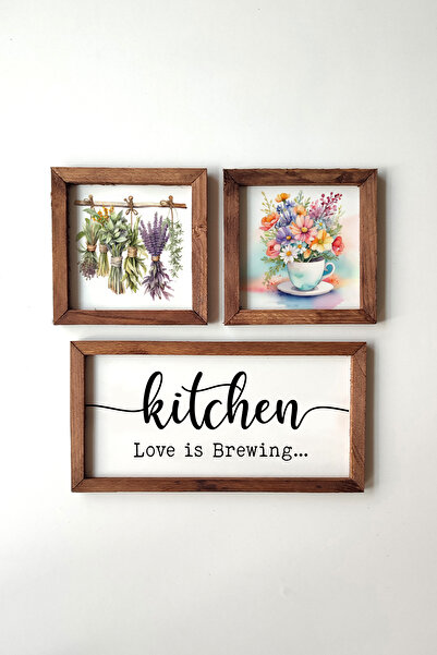 Wooden Factory Kitchen Love is Brewing Yazılı, ahşap Çerçeveli 3 Parça Tablo Seti, Sulu Boya Efektli Yeşillikler
