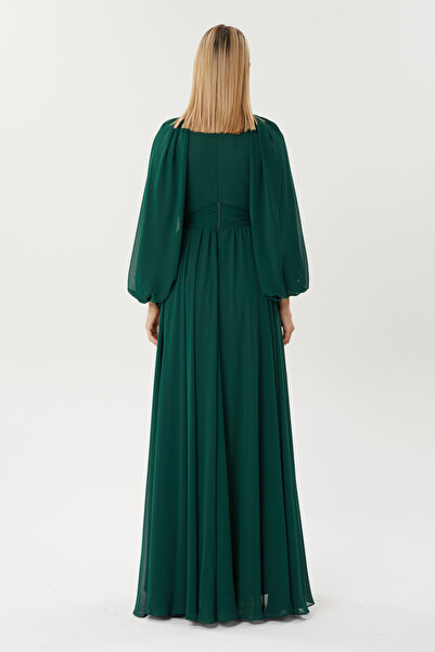 HaHelin Belden Kemer   Detaylı Şifon Uzun Abiye Elbise