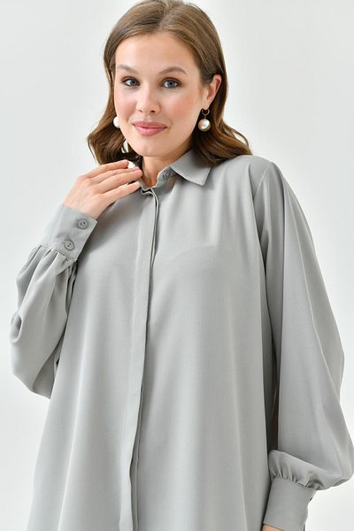 lovebox Women's Gray Long-Sleeved Shirt and Pleated Wide-Leg Gray Trousers Bottom-Top Set 2051