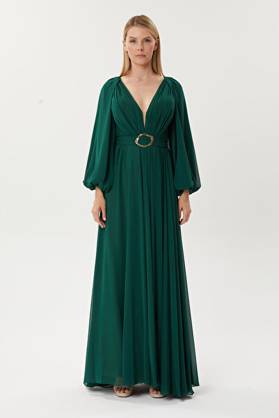 HaHelin Belden Kemer   Detaylı Şifon Uzun Abiye Elbise