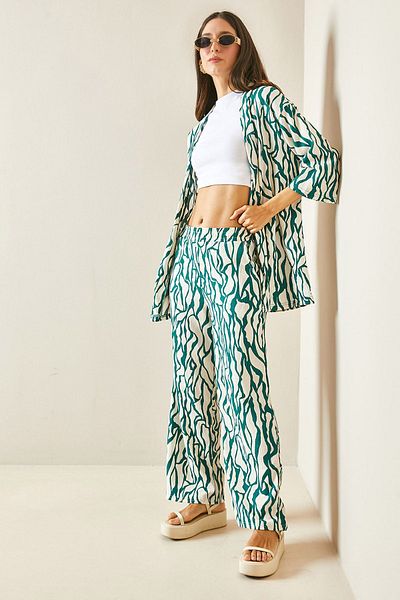XHAN Green Patterned & Textured Kimono Set 5YXK8-48452-08
