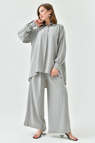 lovebox Women's Gray Long-Sleeved Shirt and Pleated Wide-Leg Gray Trousers Bottom-Top Set 2051