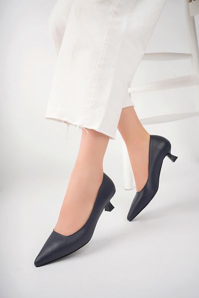 Deripabuc Genuine Leather Navy Blue Women's Leather Heeled Shoes Trc-63817