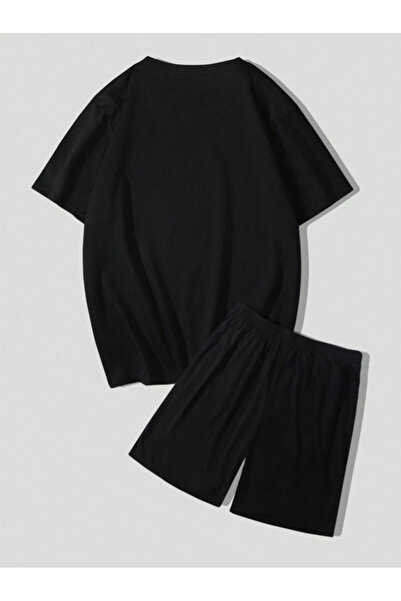 Revasser Unisex Kadın/Erkek Siyah No One Cares Özel Baskılı Şort T-shirt Takımı