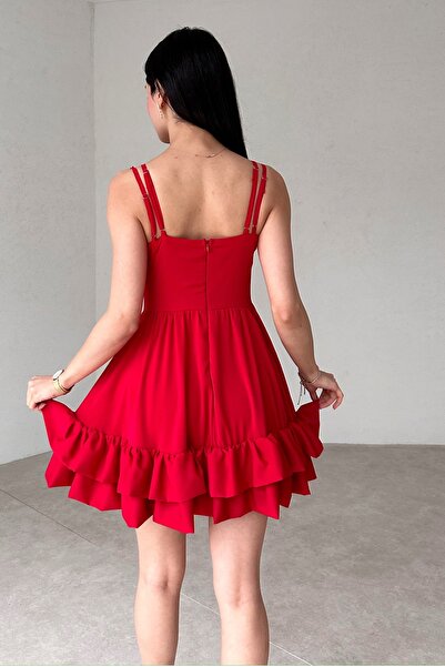 WOMAN VISION Női piros Atlasz szövet állítható pánt mellkastámasz szoknyával réteges kialakítású mini ruha 098