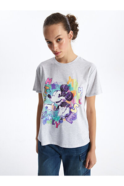 LC Waikiki طاقم الرقبة ميكي ماوس مطبوعة قصيرة الأكمام تي شيرت المرأة