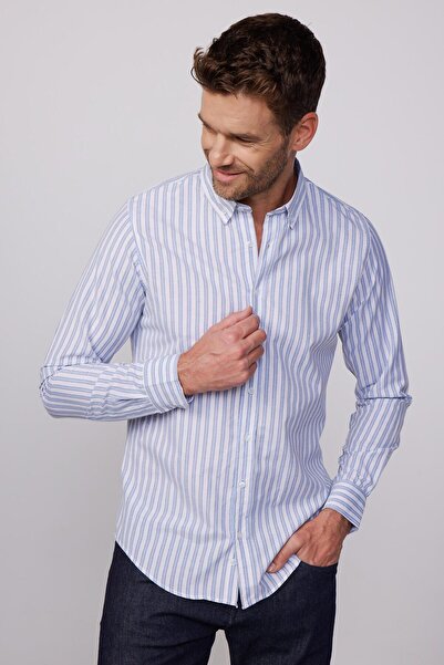 Tudors Slim Fit Uzun Kollu Çizgili Yaka Düğmeli Erkek Gömlek