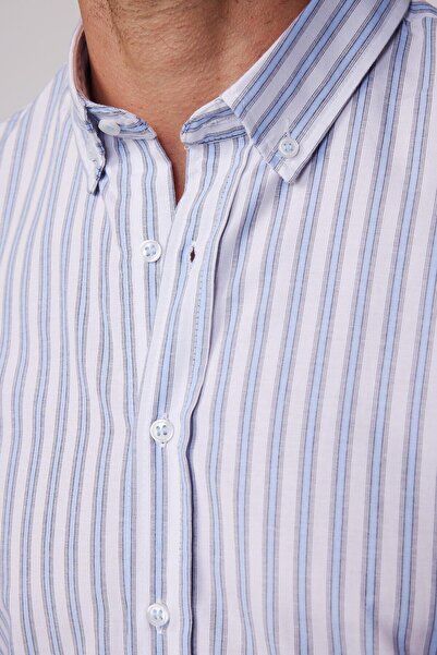 Tudors Slim Fit Uzun Kollu Çizgili Yaka Düğmeli Erkek Gömlek
