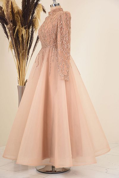 Surikka Mila Evening Dress with Front Draped Applique Embroidered - Onion Shell