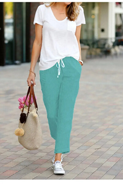 night blue Coral Green Linen Comfortable Trousers