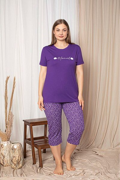 bie's Women's Purple Round Neck Buttonless Viscose Wide Flats Plus Size Capri Pajama Set with Pockets