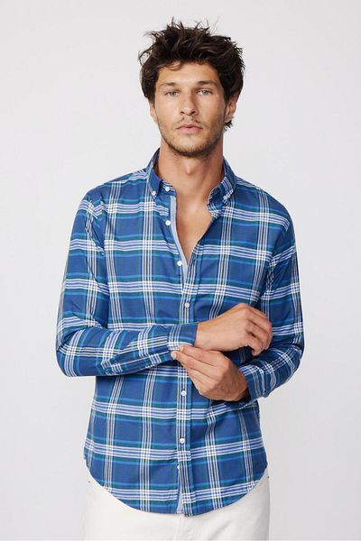 Tudors Slim Fit hosszú ujjú gombos gallérral kockás pamut Easy Iron férfi ing