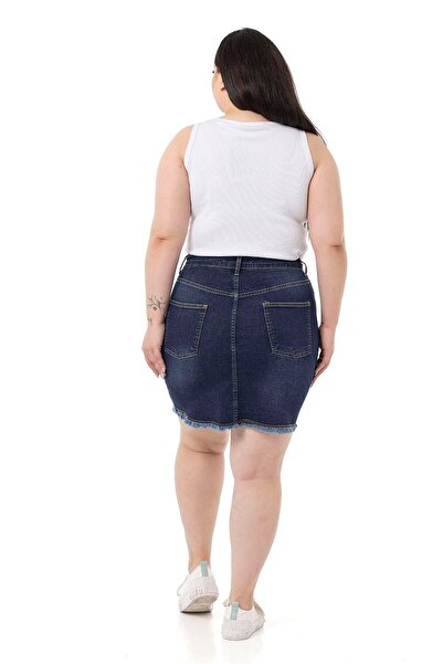 DISENTIS MODEST Plus Size Skirt Tasseled Button Detailed Navy Blue Denim Mini Skirt