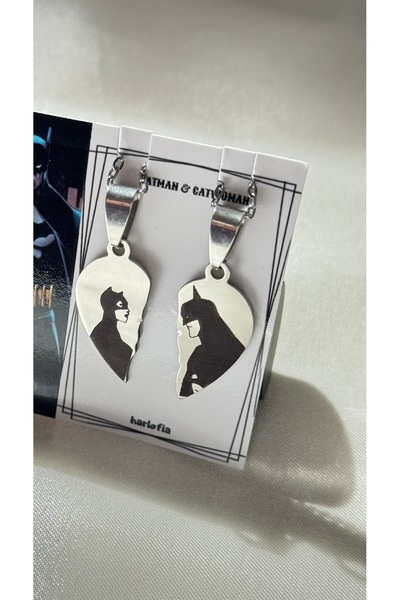 Harlofia Jewelry Steel Cat Women Bat Man Matching Heart Couple Necklaces