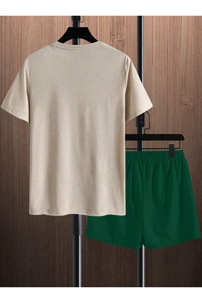 Revasser Σετ μπλουζάκι Unisex Γυναικείο/Ανδρικό Μπεζ Πράσινο Χαβάης Προσαρμοσμένο εμπριμέ σορτς