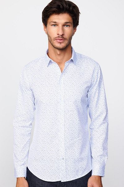 Tudors Cămașă albă pentru bărbați, cu mânecă lungă, slim fit, din bumbac cu model, ușor de călcat
