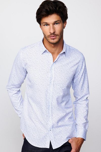 Tudors Cămașă albă pentru bărbați, cu mânecă lungă, slim fit, din bumbac cu model, ușor de călcat