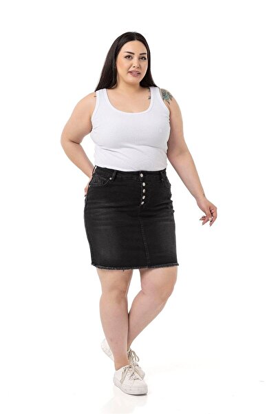DISENTIS MODEST Plus Size Skirt Tasseled Button Detailed Black Denim Mini Skirt