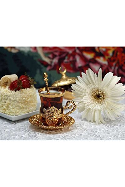 İnova Home Decor Gold Colored Tea Set for 6 People with Tray and Spoon