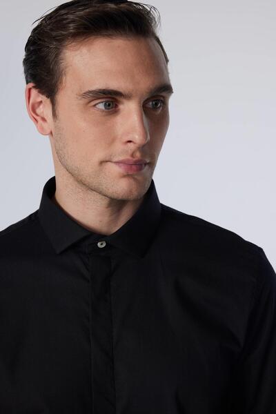 Tudors Slim Fit Uzun Kollu Dar Kesim Gizli Pat Pamuklu Siyah Erkek Gömlek