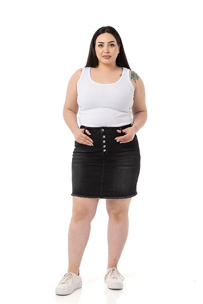 DISENTIS MODEST Plus Size Skirt Tasseled Button Detailed Black Denim Mini Skirt