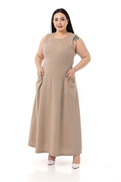 DISENTIS MODEST Φόρεμα από λινό μακρύ βιζόν μεγάλου μεγέθους με λεπτομέρεια από καουτσούκ στην τσέπη και στη μέση