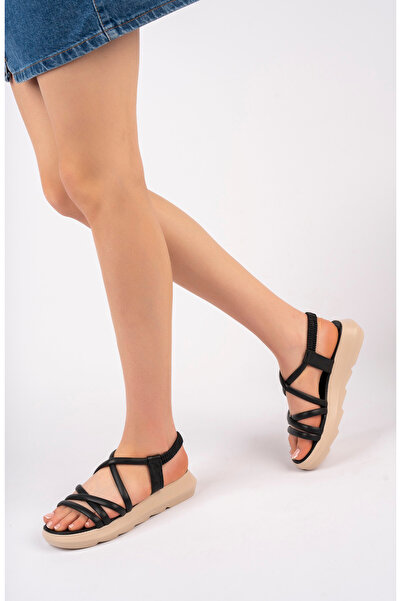 Moda Değirmeni Black Women's Sandals with Cross Elastic Bg1079-123-0003