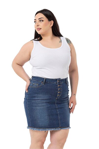 DISENTIS MODEST Plus Size Skirt Tasseled Button Detailed Blue Denim Mini Skirt
