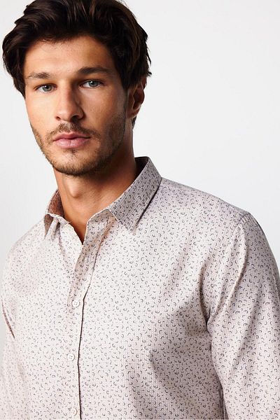 Tudors Slim Fit Μακρυμάνικο Slim Fit Μοτίβο βαμβακερό εύκολο στο σιδέρωμα Μπεζ ανδρικό πουκάμισο