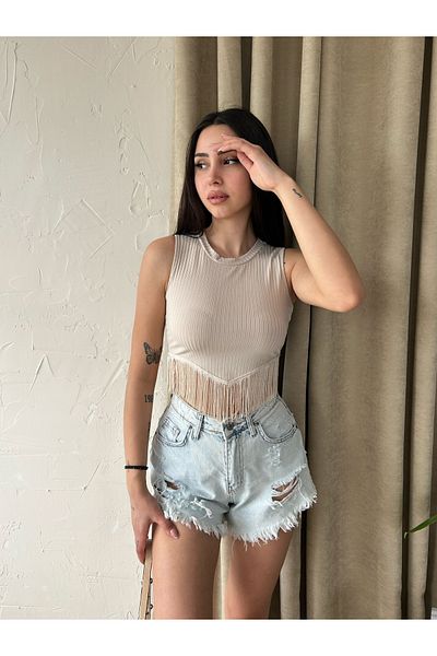 Fav Style Γυναικείο αμάνικο μπλουζάκι με φούντα με λαιμόκοψη μπεζ