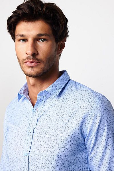 Tudors Cămașă pentru bărbați, cu mânecă lungă, slim fit, din bumbac, cu model, albastru, ușor de călcat