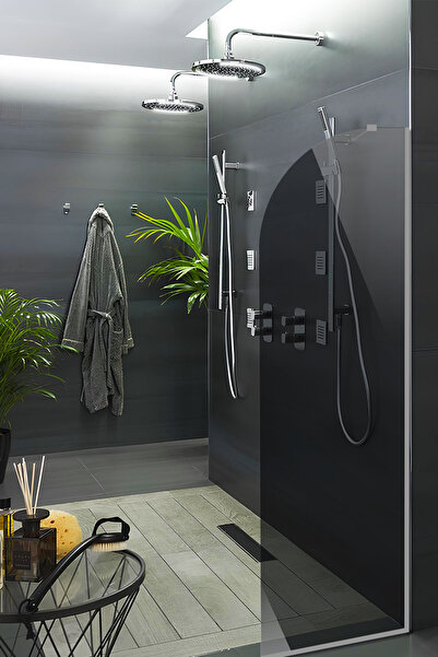 Decorita Cam Duşakabin Seperatör - Sabit Panel | Füme Cam - Şekilli | Metalik...