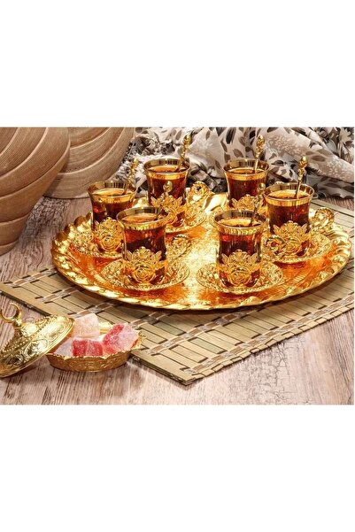 İnova Home Decor Gold Colored Tea Set for 6 People with Tray and Spoon