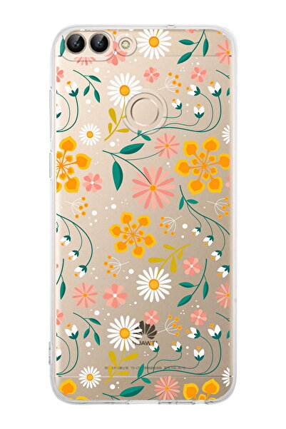 PrintiFy Huawei PSmart (2018) Uyumlu Kamera Korumalı Çiçek Tasarımlı Şeffaf K...