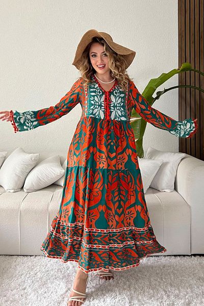 AYASOFYA OTANTIK Women's Orange Pompom Detailed V-neck Pompom Flywheel Sleeve Ethnic Patterned Long Dress