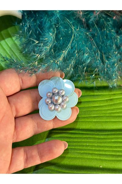 Gönülden Tasarım Blue Flower Patterned 4x4 cm Beaded Coat of Arms Clothing Accessory