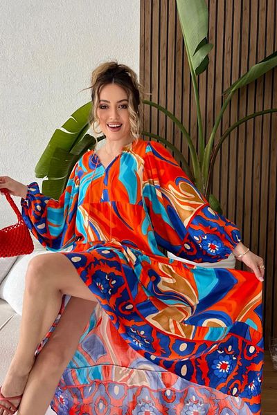 AYASOFYA OTANTIK Women's Orange V-neck Balloon Sleeve Ethnic Patterned Long Dress