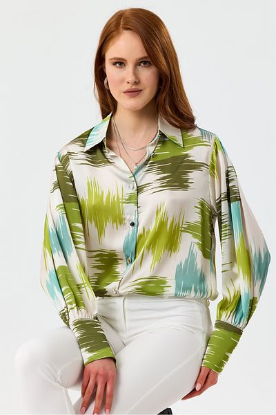 MD trend Cămașă oversize din satin cu șnur, cu mânecă cu balon, cu modele multicolore pentru femei