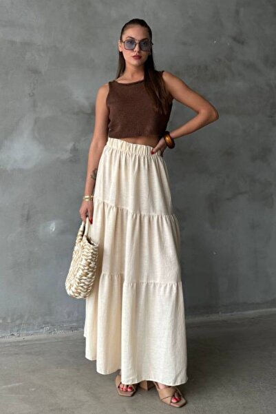 lady special Gipe Detay Keten Uzun Etek