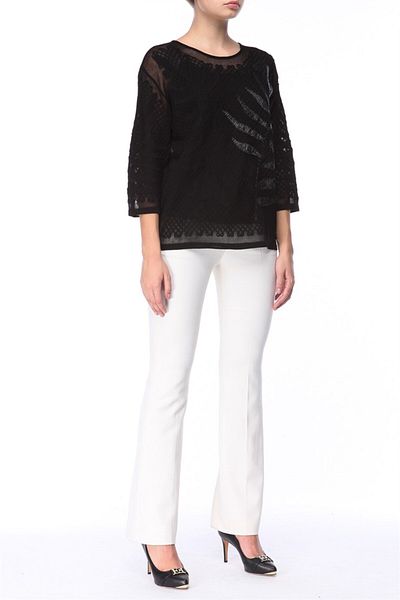 Escada Loose Cut Transparent Lace Detailed Three-Quarter Sleeve Black Sweater