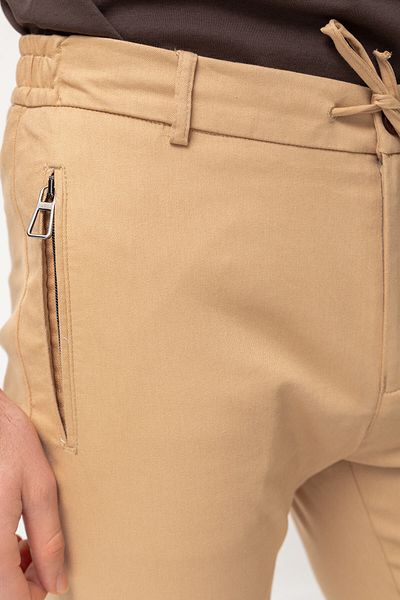Mcr Zippered Pocket Beige Color Super Slim Fit Elastic Waist Drawstring Men's Trousers