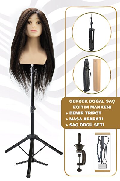 KONAK PERUK Omuzlu Gerçek Saç Kuaför Eğitim Mankeni / Naturel Renk + Demir Tr...