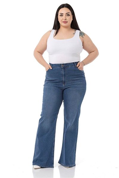 DISENTIS MODEST Plus Size High Waist Spanish Leg Blue Denim Trousers