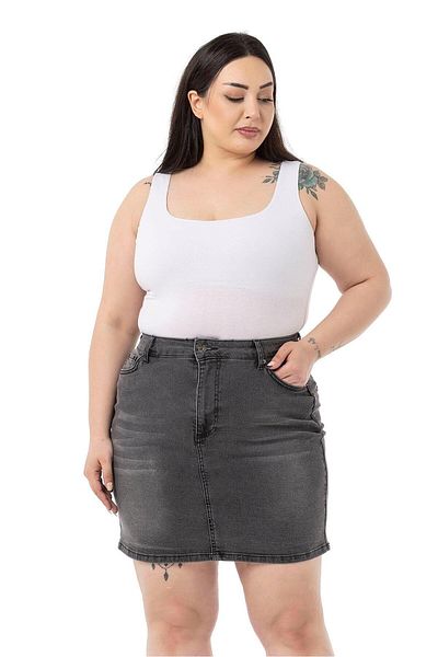 DISENTIS MODEST Large Size Five-Pocket Anthracite Mini Denim Skirt with Grinding Detail